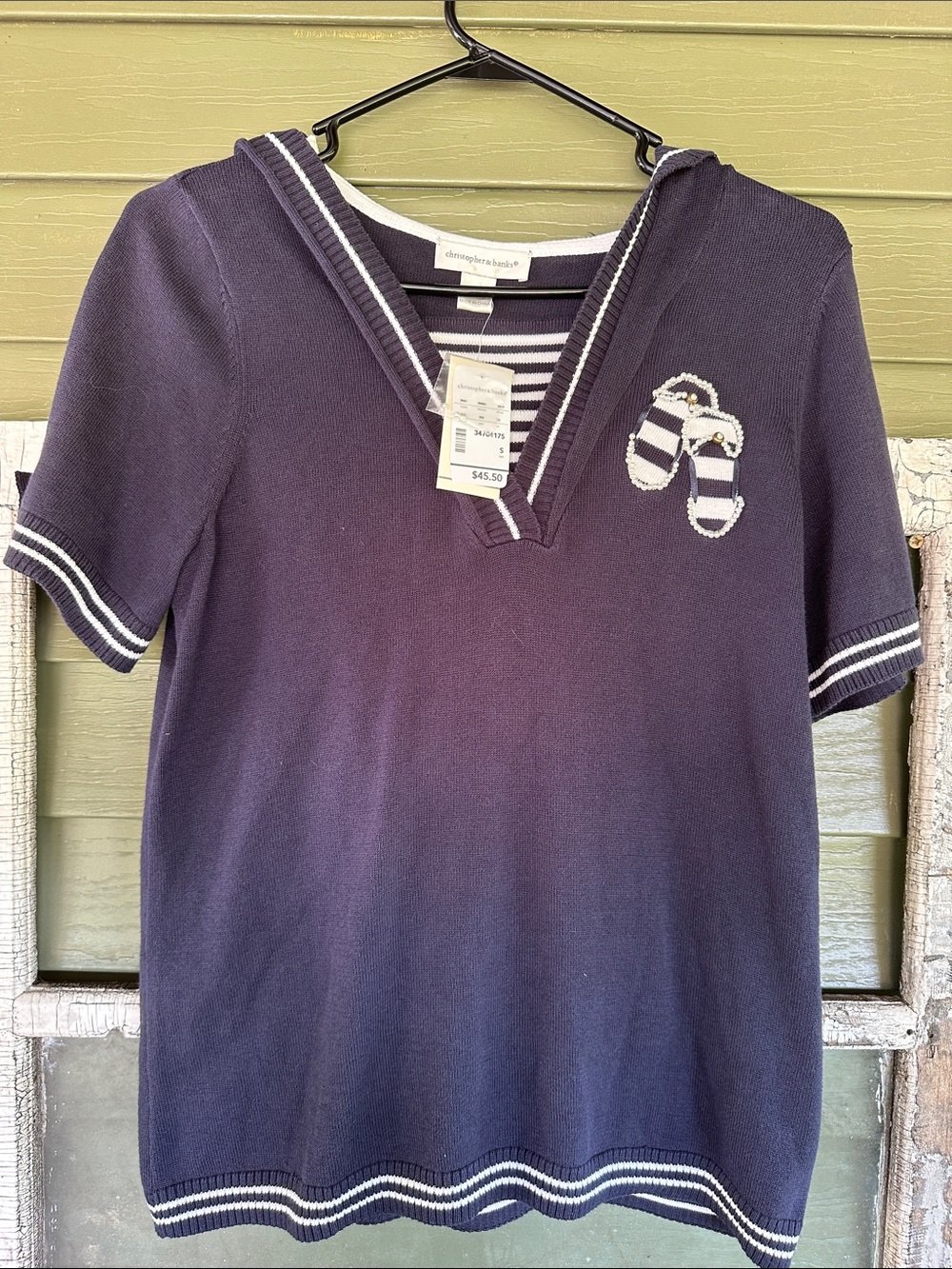 Vintage Christopher & Banks Women's Navy Short-Sleeve Sailor Sweater Top